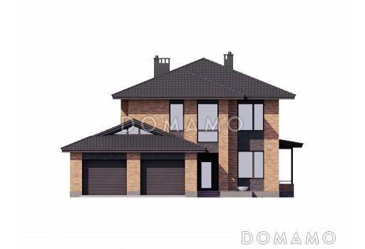 Проект двухэтажного дома  с 4 спальнями, кабинетом, гаражом на 2 машины и квадратной террасой / Фасад 1