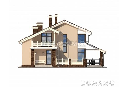 Проект дома с большой террасой, кухней с эркером, сауной, кладовой у лестницы / Фасад 4
