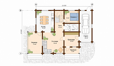 Проект дома из клееного бруса с гаражом / План 1 этажа