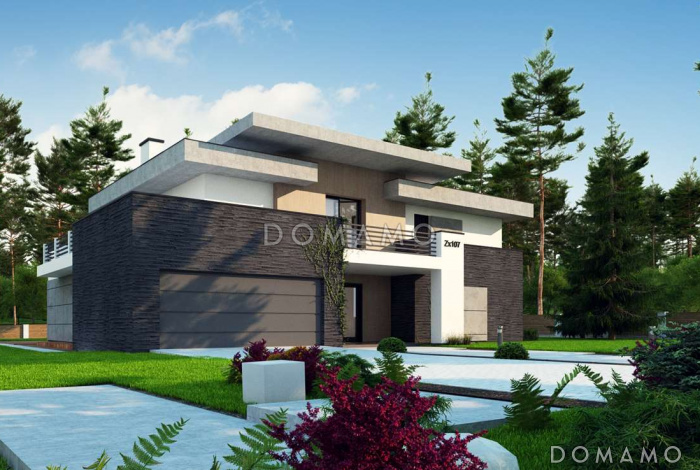 Проект современного просторного двухэтажного дома из кирпича с гаражом и просторными террасами на обоих уровнях