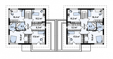 Проект двухэтажных домов-близнецов из газобетона с открытой террасой над большим гаражом  / План мансардного этажа