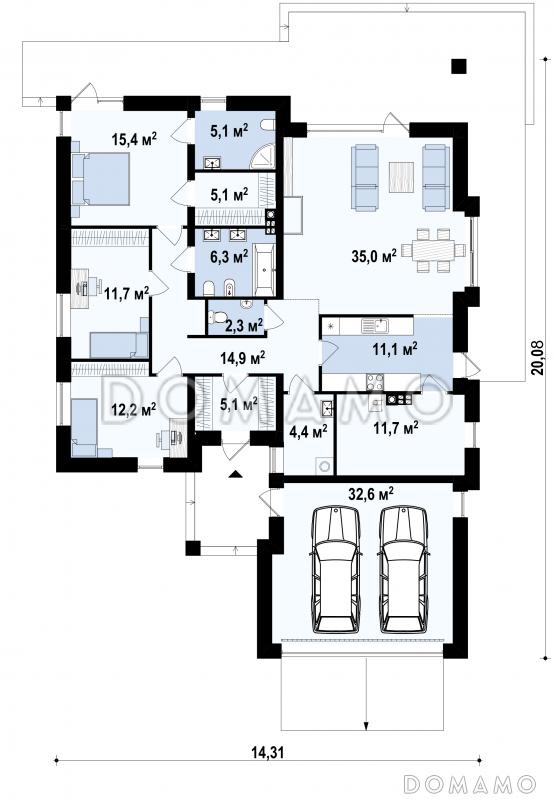 Проект одноэтажного дома из газобетона со свободной планировкой на мансардном этаже и с большим гаражом и техническим помещением / План 1 этажа