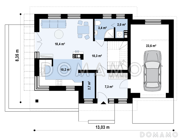Проект одноэтажного мансардного дома из газобетона с гаражом и тремя спальнями / План 1 этажа