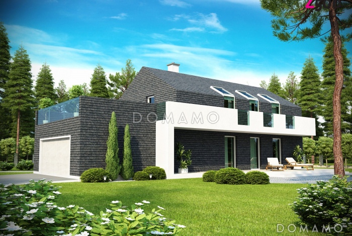 Проект современного двухэтажного дома из газобетона, с тремя спальнями, гаражом и террасой над ним