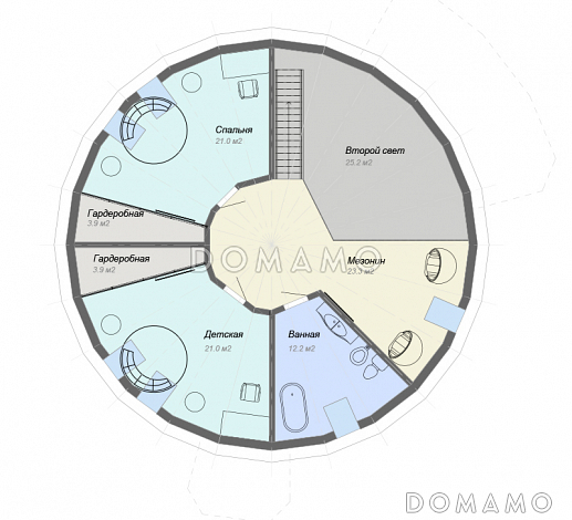 Проект сферического дома с большой гостиной с панорамным остеклением / План мансардного этажа