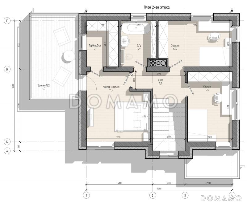 Проект двухэтажного дома из газобетона с кабинетом на первом этаже, тремя спальнями и балконом / План 2 этажа