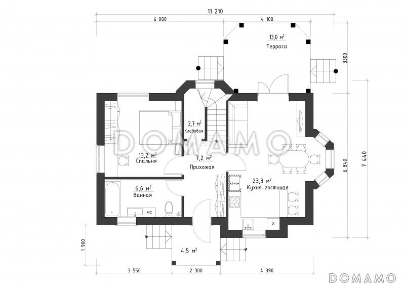 Проект небольшого дома из кирпича с большим крыльцом и эркером / План 1 этажа