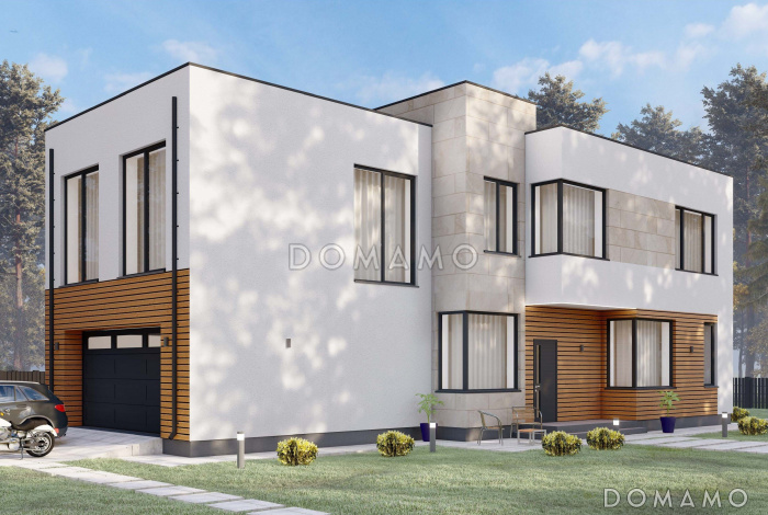 Проект коттеджа в стиле хайтек с гаражом на две машины S-269