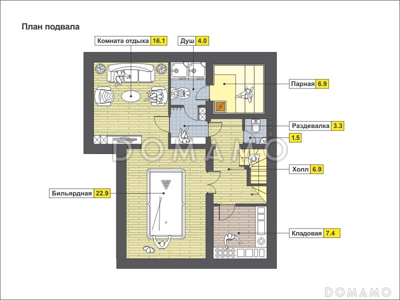Проект дома с парной, бильярдной, навесом для машины, спальней с панорамным окном, / План цокольного этажа