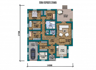Проект одноэтажного дома со встроенным гаражом / План 1 этажа