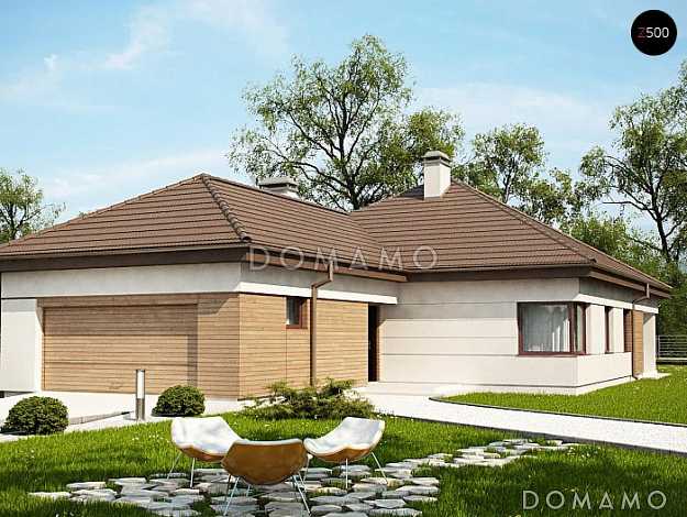 Проект просторного одноэтажного дома из кирпича с четырьмя комнатами, крытой угловой террасой и гаражом