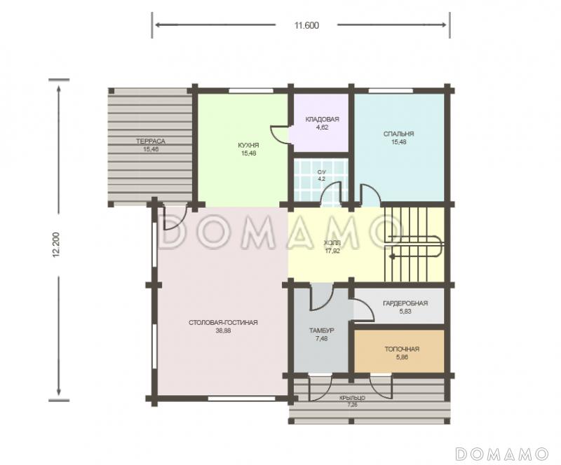 Проект дома из клееного бруса с отдельным входом в топочную / План 1 этажа