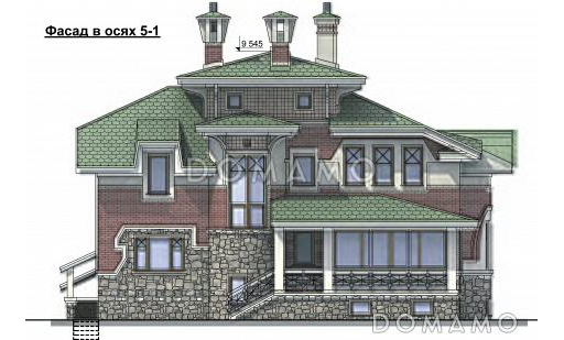 Проект коттеджа с круглой гостиной и гаражом / Фасад 2