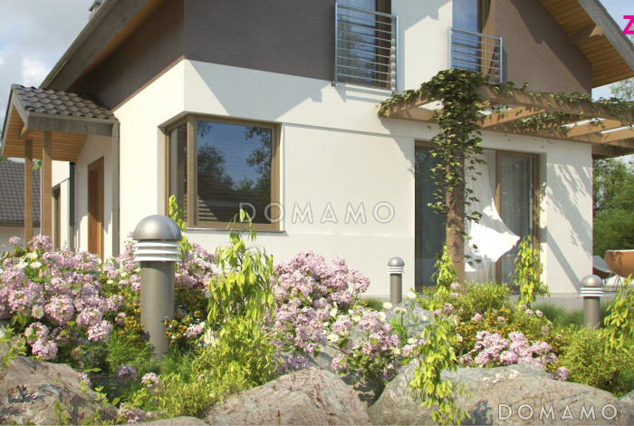 Проект одноэтажного мансардного дома из газобетона с угловым окном в кухонной зоне и кабинетом