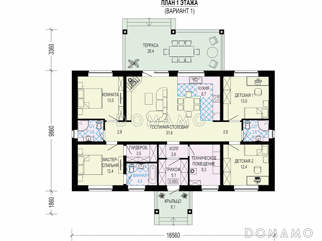 Проект одноэтажного дома из керамоблока с 4 комнатами, 3 санузлами и крытой террасой / План 1 этажа