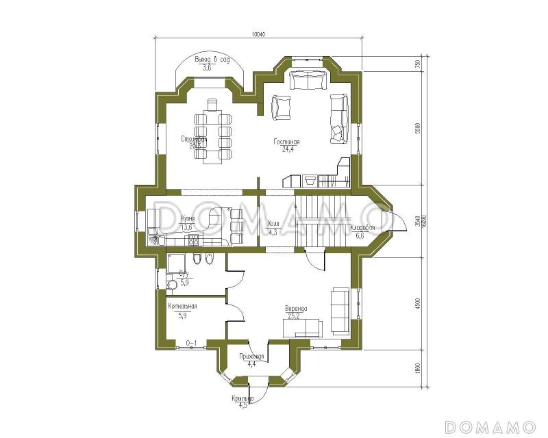 Проект трехэтажного дома с башней, верандой и функциональными чердачными помещениями / План 1 этажа