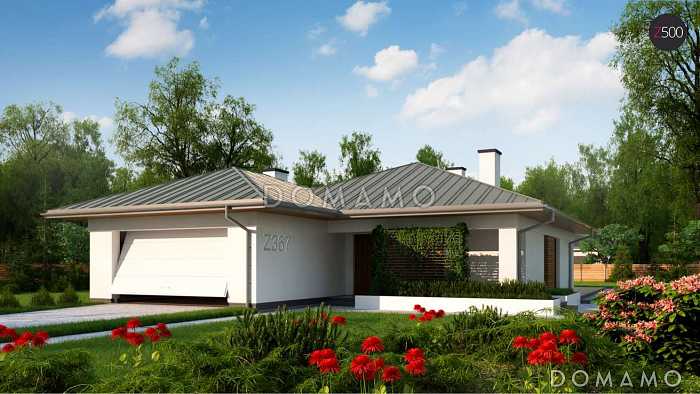 Проект комфортного одноэтажного дома из газобетона с гаражом, тремя спальнями и изолированной кухней