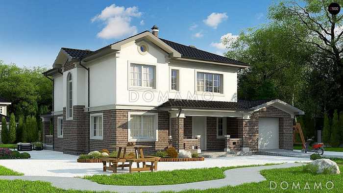 Проект загородного дома с круглым окном, гаражом, просторной дневной зоной,  спальней и комнатой отдыха на первом этаже