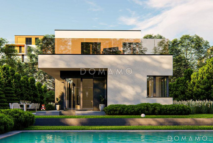 Проект двухэтажного дома с гаражом, угловой кухней, кабинетом, хозяйской спальней