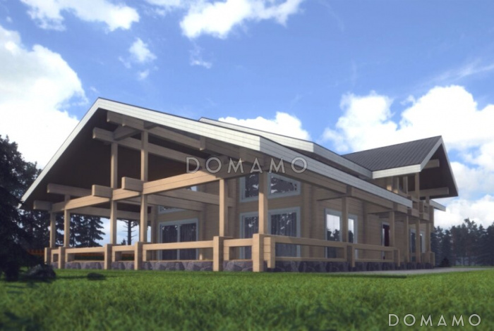 Проект дома из клееного бруса с мансардным этажом, огромной террасой и кабинетом на первом этаже