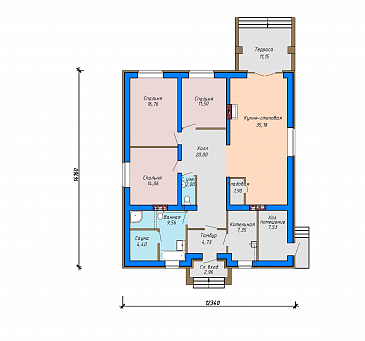 Проект одноэтажного дома с террасой, кладовой в большой кухне-столовой, сауной / План 1 этажа