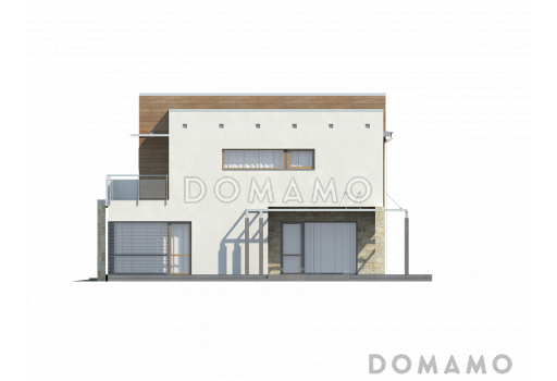 Проект современного двухэтажного дома в стиле хай-тек из кирпича с плоской крышей, гаражом и балконом / Фасад 1