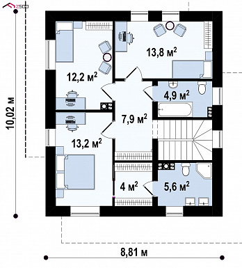 Проект современного двухэтажного дома из газобетона с плоской крышей, четырьмя комнатами, угловым остеклением гостиной и гаражом / План 2 этажа