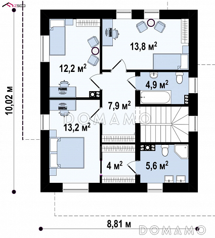 Проект современного двухэтажного дома из газобетона с плоской крышей, четырьмя комнатами, угловым остеклением гостиной и гаражом / План 2 этажа