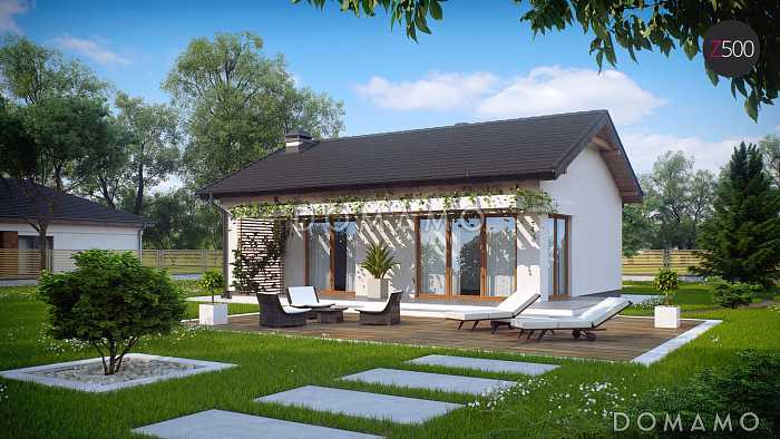 Проект компактного одноэтажного дома из газобетона с двумя спальнями, изолированной кухней и торцевым входом