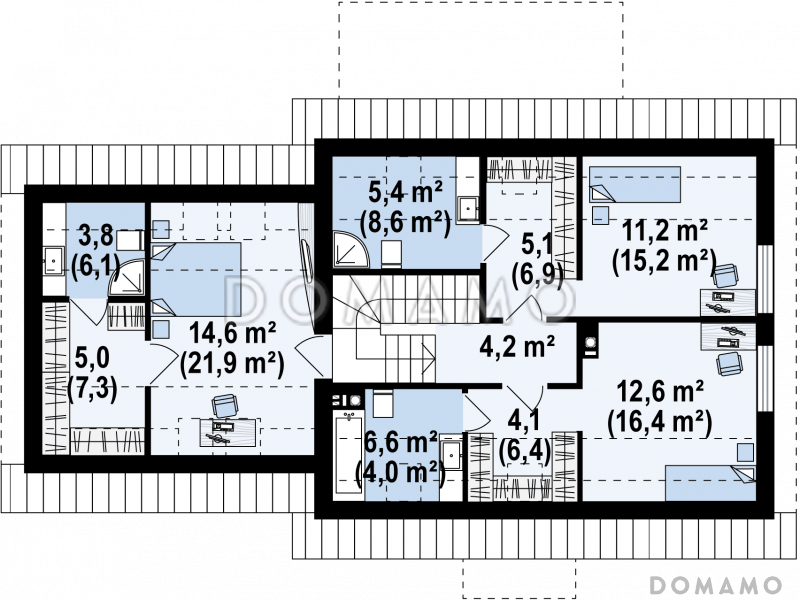Проект комфортного одноэтажного мансардного дома из кирпича с кабинетом, гаражом и тремя спальнями / План мансардного этажа