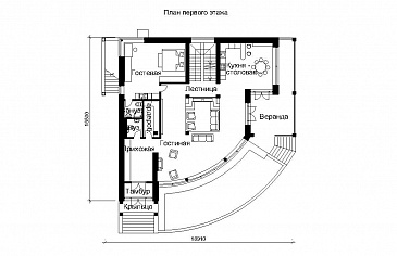 Проект трехэтажного дома с панорамными стеклами / План 1 этажа