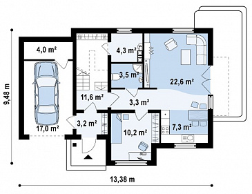 Проект одноэтажного мансардного дома из газобетона с гаражом, для двух семей на разных уровнях  / План 1 этажа