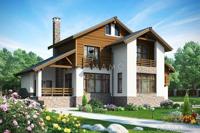 Проект дома с панорамными окнами, просторной гостиной и кухней-столовой, сауной, кабинетом на мансардном этаже, балконом и лоджией