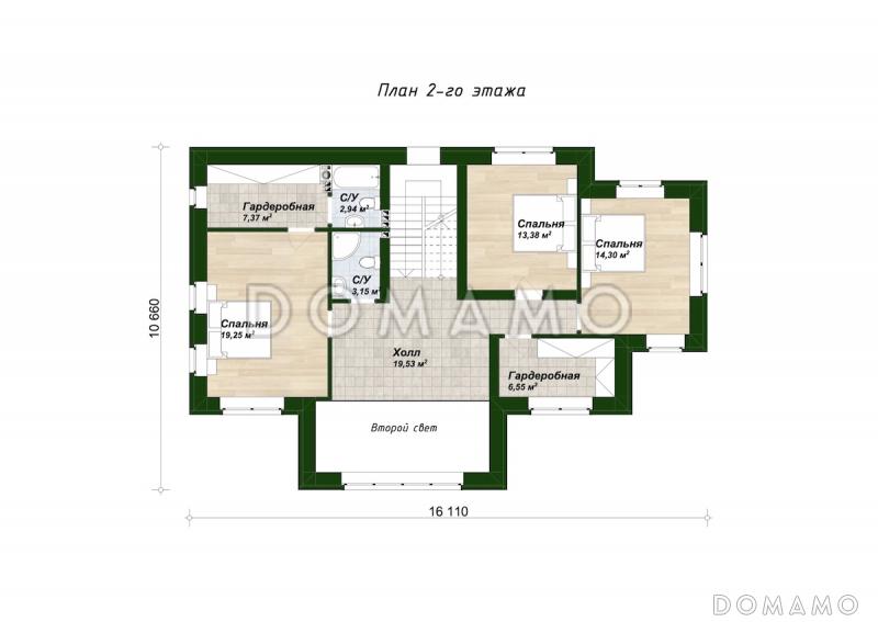 Проект дома из газобетона с 4 спальнями, кабинетом, вторым светом в гостиной и панорамными окнами / План 2 этажа