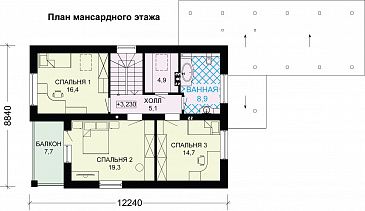 Проект  стильного дома из пеноблоков  с навесом для машины / План мансардного этажа