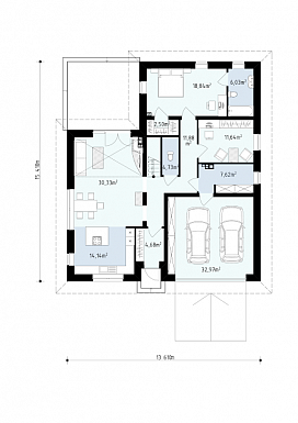 Проект просторного одноэтажного мансардного дома из кирпича с кабинетом, спальнями на обоих этаж и гаражом на два автомобиля / План 1 этажа