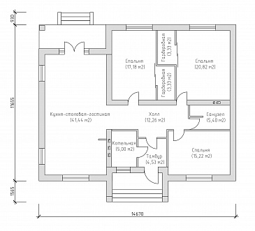 Проект компактного одноэтажного дома с тремя спальнями и большой гостиной / План 1 этажа