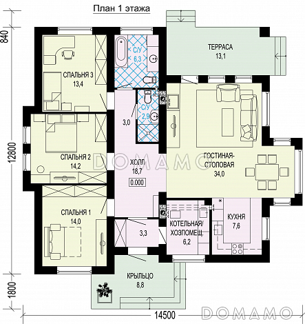 Проект одноэтажного газобетонного загородного дома / План 1 этажа