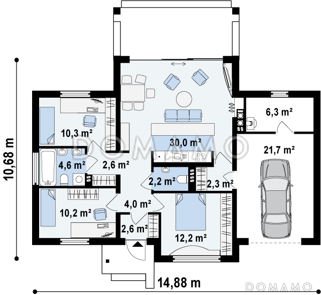 Проект одноэтажного дома из газобетона со встроенным гаражом  / План 1 этажа