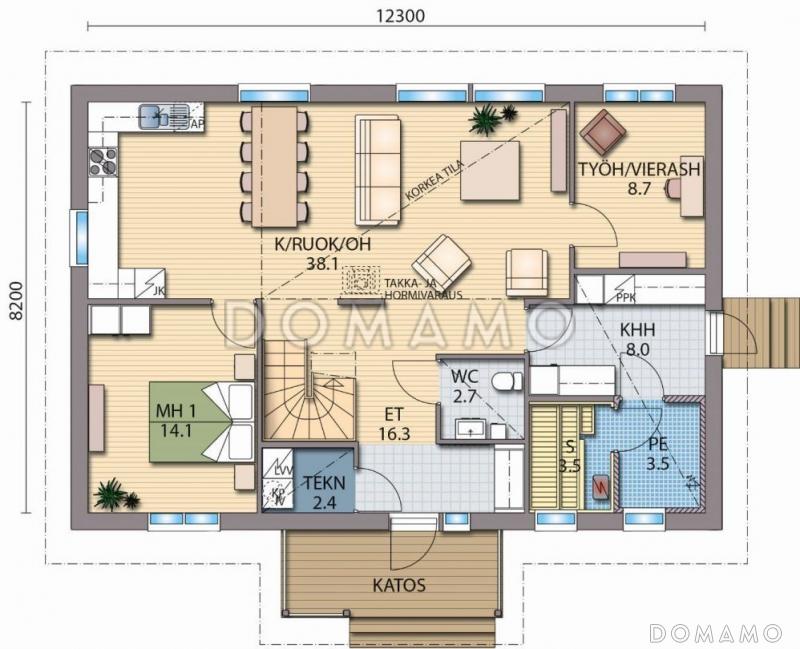 Проект двухэтажного дома с уютным небольшим кабинетом на первом этаже / План 1 этажа