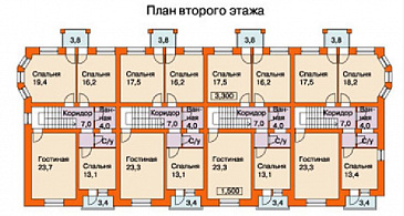 Проект таунхауса на четыре семьи / План 2 этажа