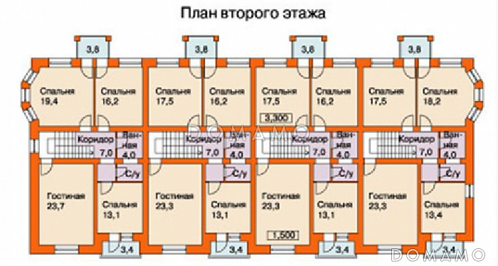 Проект таунхауса на четыре семьи / План 2 этажа