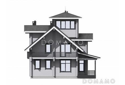 Проект двухэтажного дома из бруса с масштабной крытой террасой и бельведером / Фасад 4