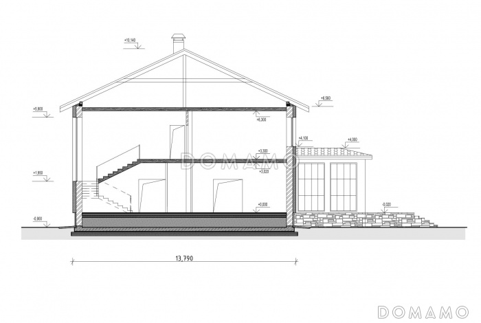 Проект дома с входом с угла здания, террасами, кладовой в кухне, сауной, хозяйской спальней и детскими
