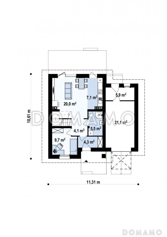 Проект двухэтажного дома из газобетона с кабинетом и гаражом справа / План 1 этажа