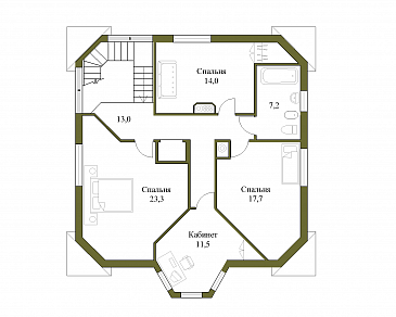 Проект квадратного коттеджа с башенкой / План мансардного этажа