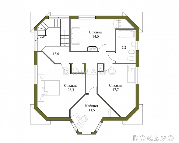 Проект квадратного коттеджа с башенкой / План мансардного этажа