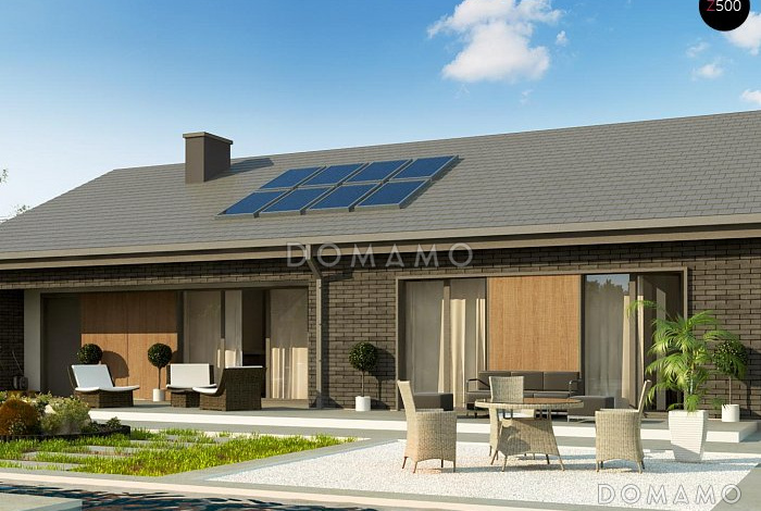 Проект загородного дома с гаражом, просторной гостиной с выходом на террасу, кладовой на кухне