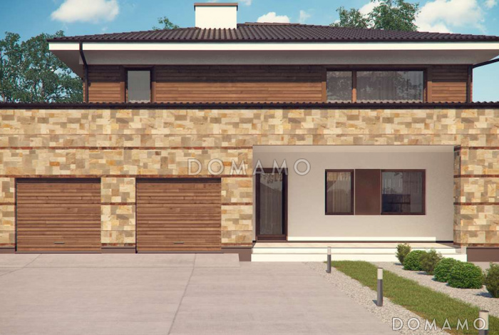 Проект современного двухэтажного дома из газобетона с четырьмя спальнями, сауной и большим гаражом