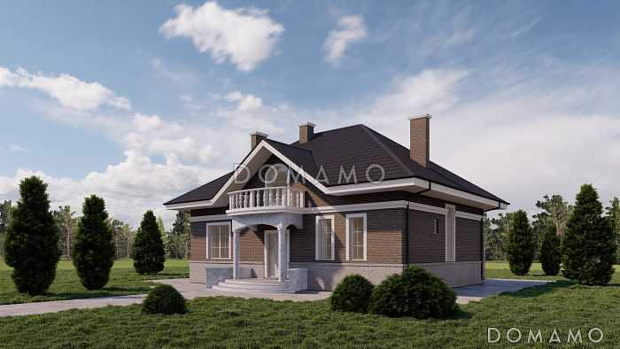 Проект двухэтажного газобетонного дома с тремя балконами, округлыми террасой и крыльцом